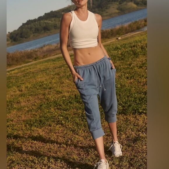 New Free people movement FP beach best of cropped joggers blue capri sweatpants - Picture 2 of 8